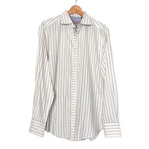 Robert Graham Button Front Long Sleeve Shirt Stripes Jacquard Cream Grey Large